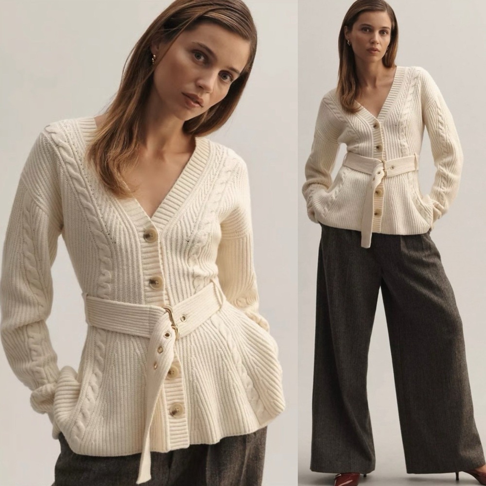 Anthropologie Maeve Cream Cableknit Peplum Belted Cardigan Cozy Career Classic M